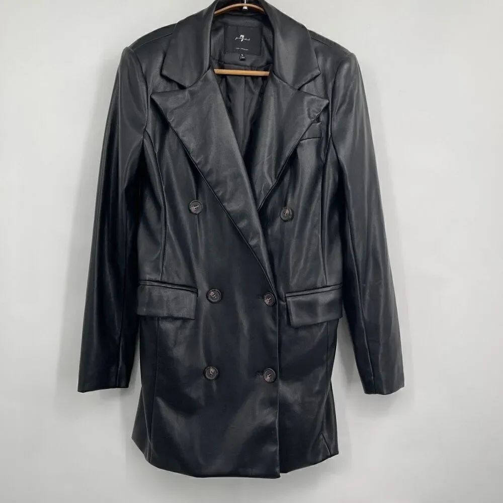 7 For All Mankind Black Faux Leather Double Breasted Blazer Jacket Size Small